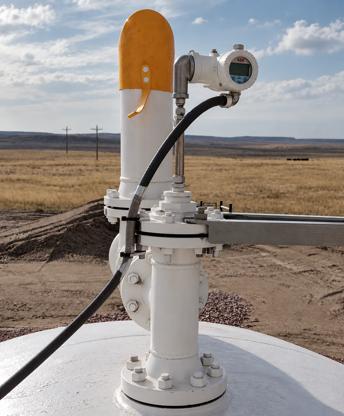 ABB transmitter mounted on a tank top at a prairie site