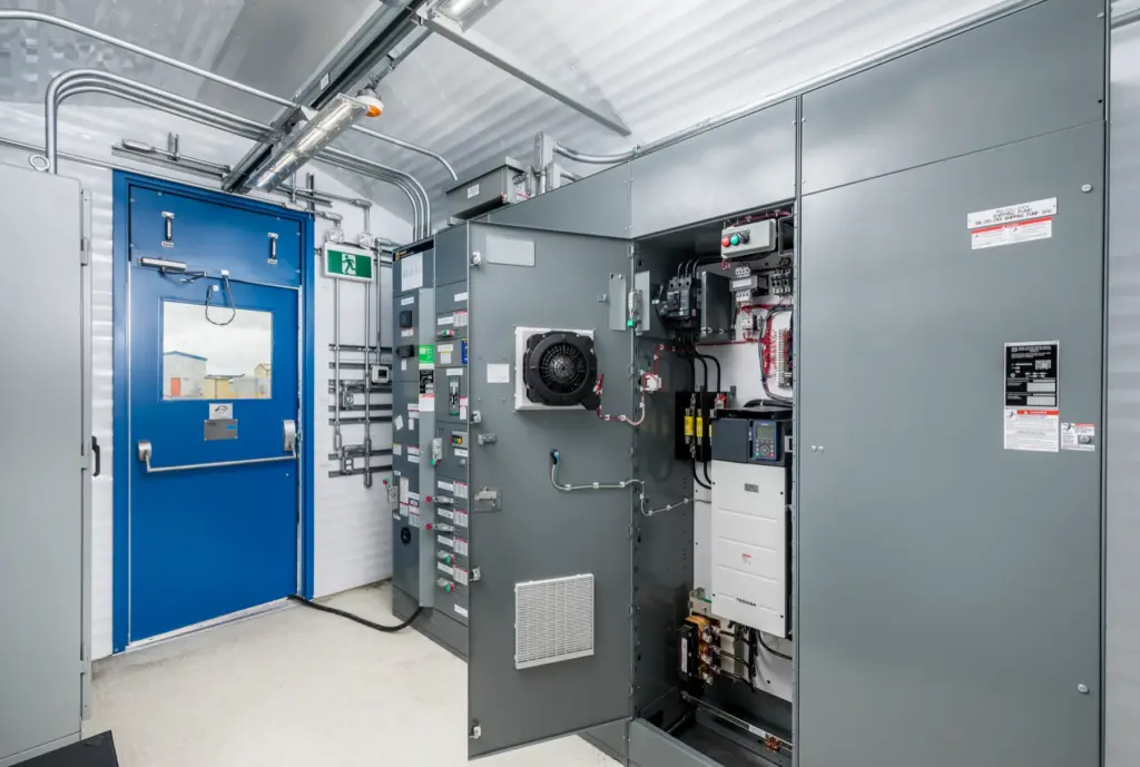 Motor control centre inside an electrical building, open section with a Toshiba variable frequency drive