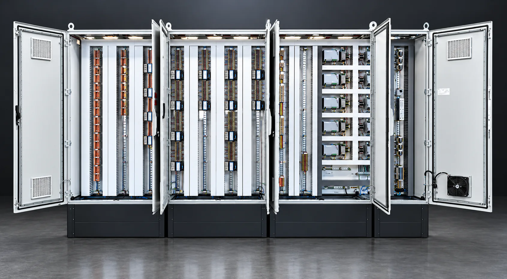 Multi-bay marshalling cabinet with the doors open