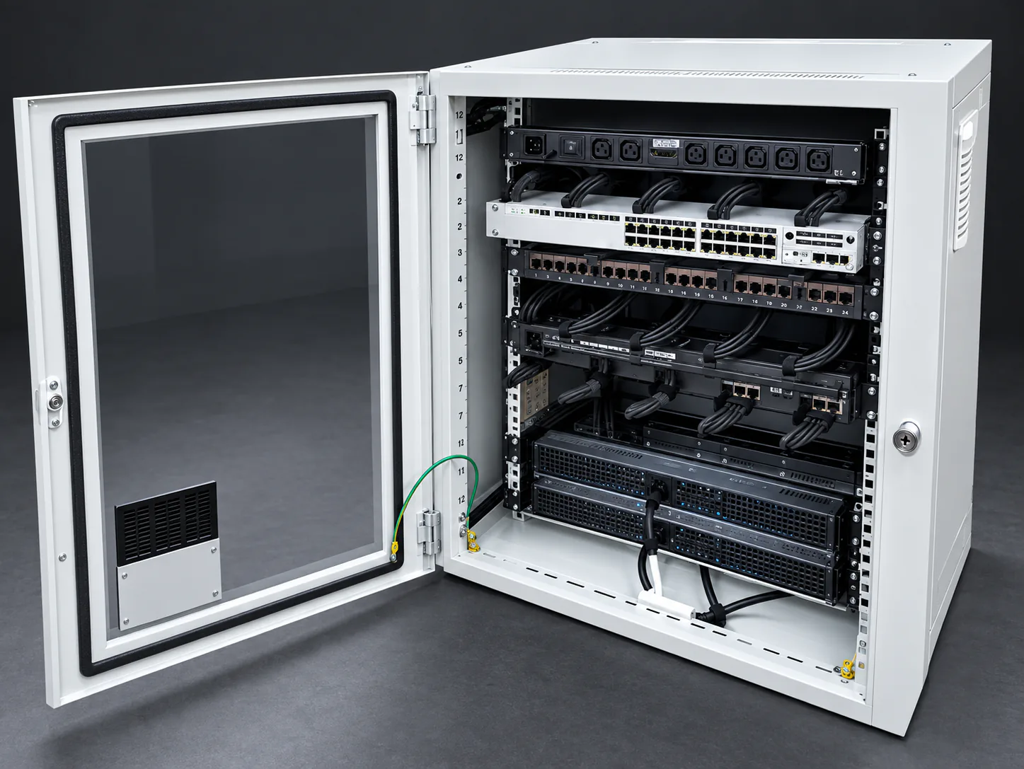 Wall-mount communications enclosure with network equipment