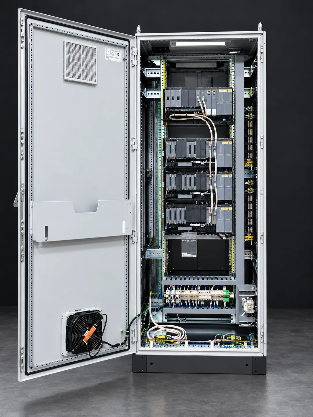 Control and automation panel with the door open