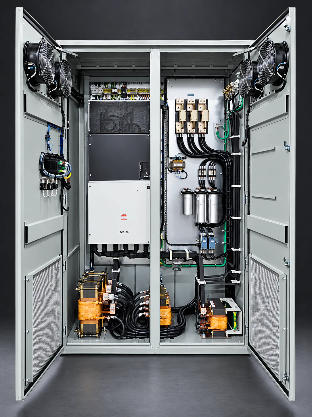 Electrical drive and protection panel with the doors open