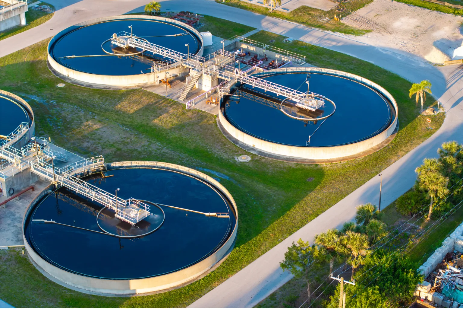 Aerial view of water treatment clarifier tanks